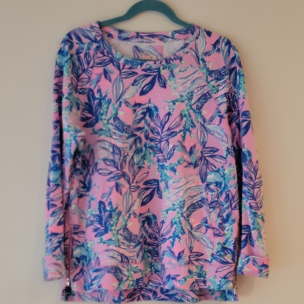 Floral Print Cotton Sweatshirt with Gold Waistline Zippers - Size M